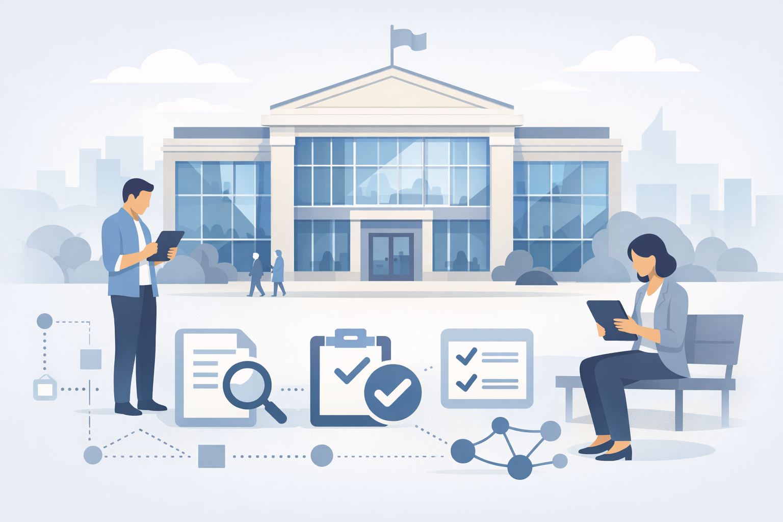 Illustration of a modern municipal building with residents viewing public records on digital devices, representing transparent and accessible local governance.
